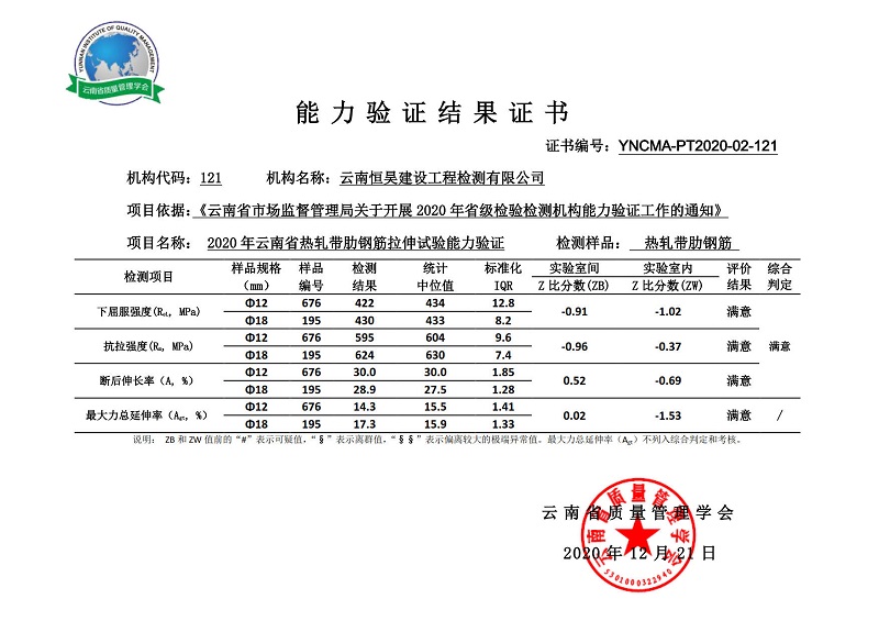 云南恒昊檢測(cè)獲  “2020年云南省熱軋帶肋鋼筋拉伸試驗(yàn)?zāi)芰︱?yàn)證”滿意證書(shū)